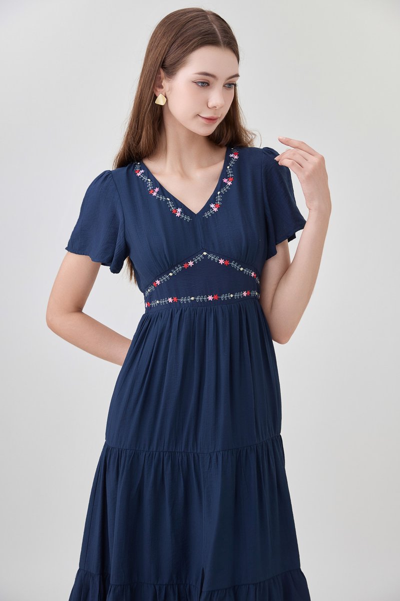 Alma Embroidered Tiered Midi Dress In Navy