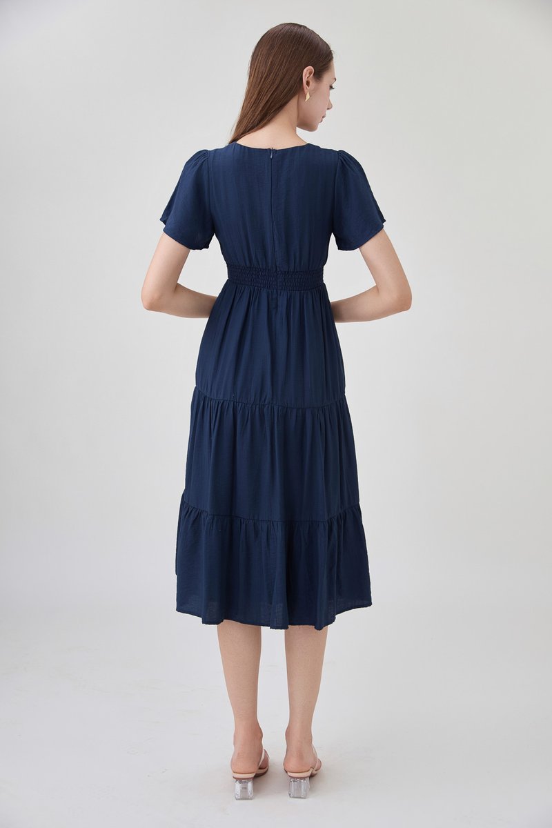 Alma Embroidered Tiered Midi Dress In Navy