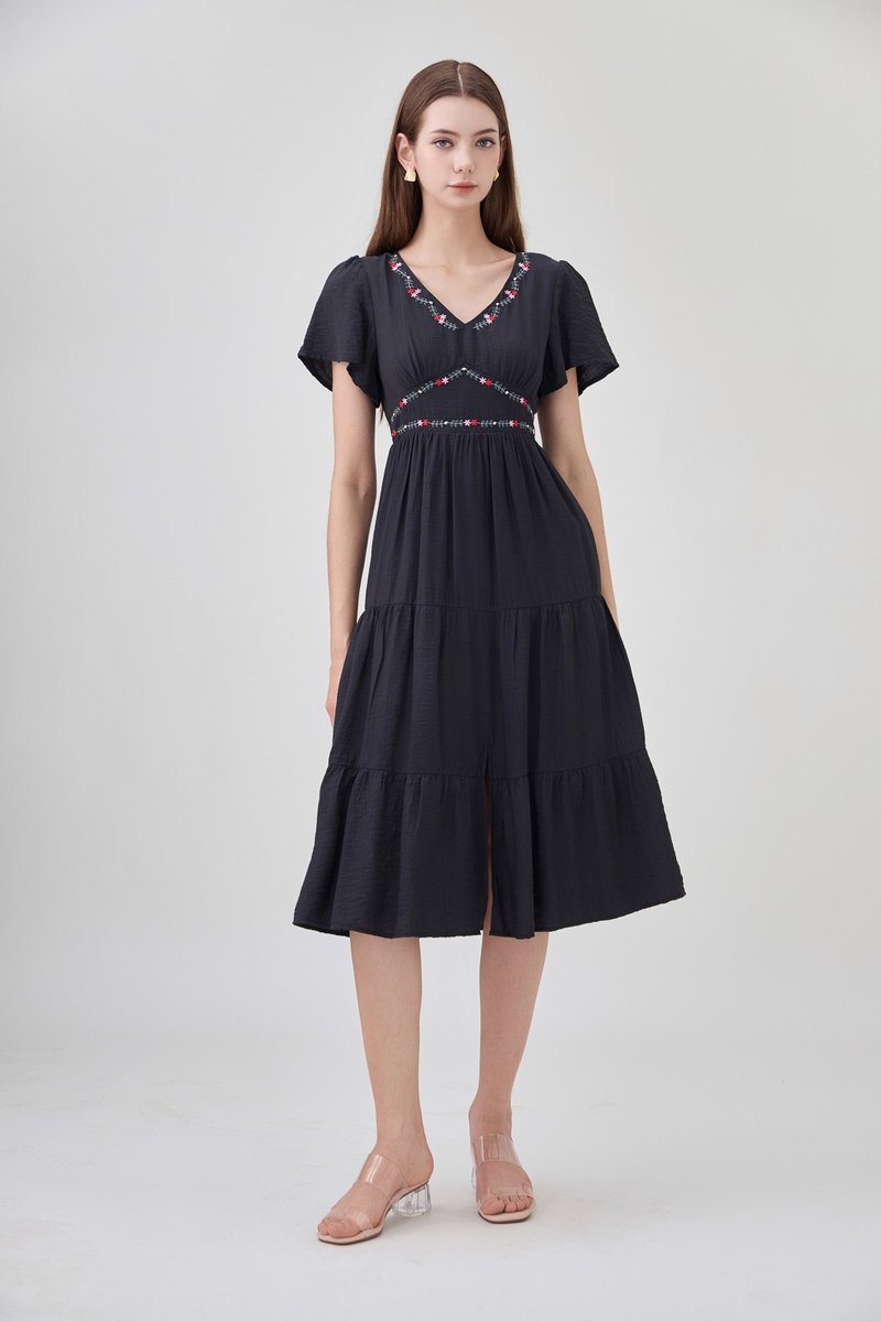 Alma Embroidered Tiered Midi Dress In Black