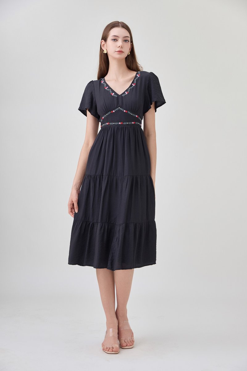 Alma Embroidered Tiered Midi Dress In Black