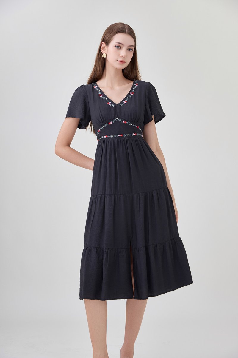 Alma Embroidered Tiered Midi Dress In Black