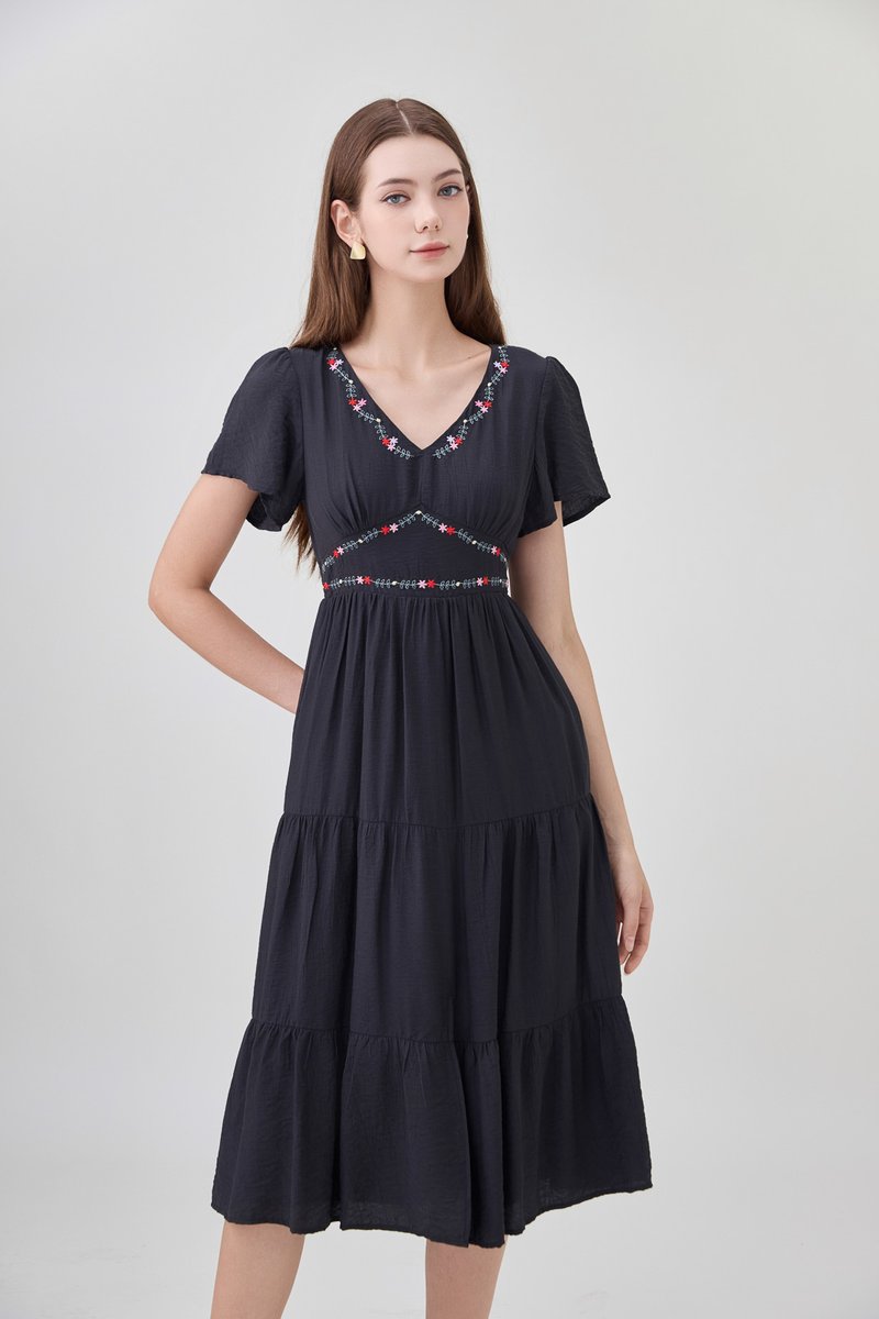 Alma Embroidered Tiered Midi Dress In Black