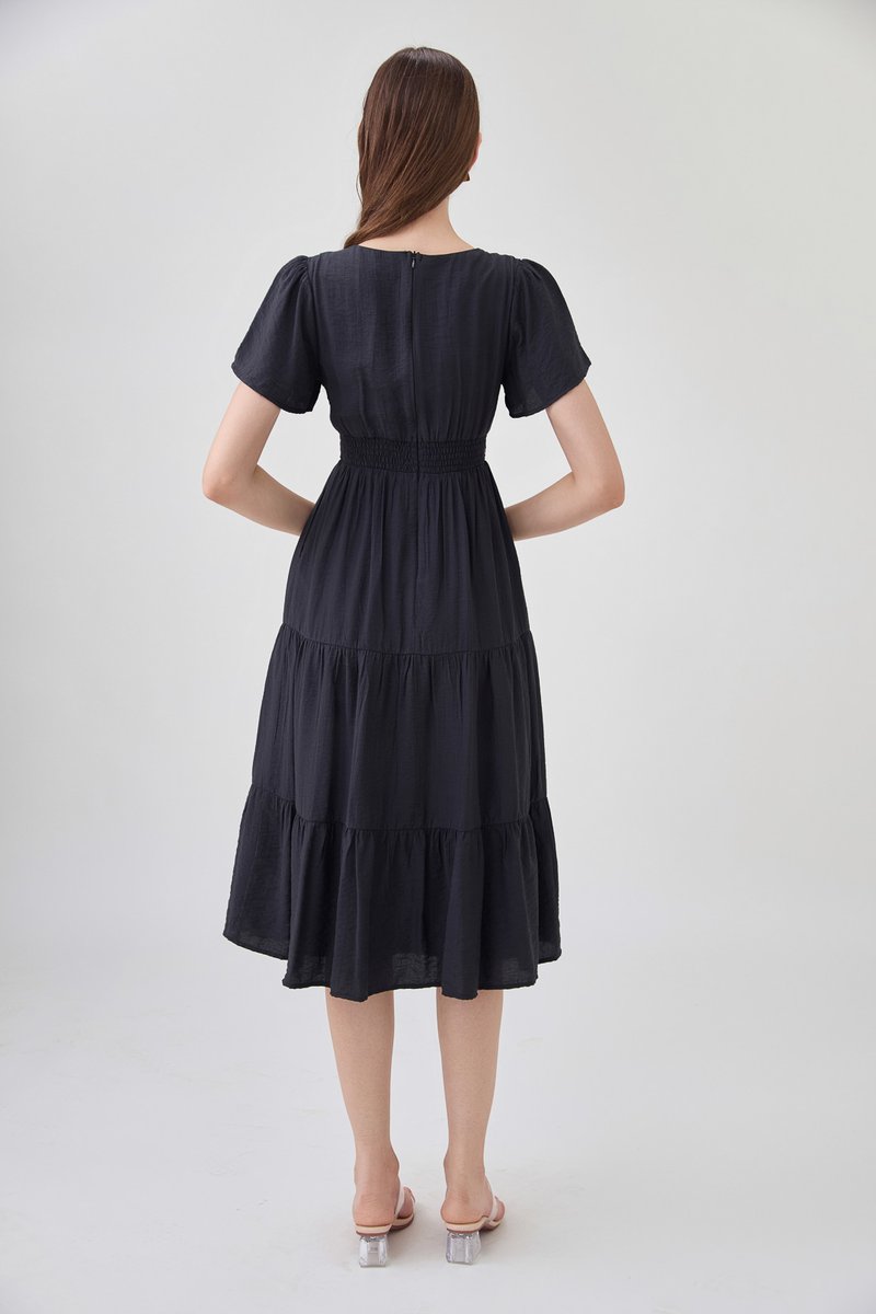 Alma Embroidered Tiered Midi Dress In Black