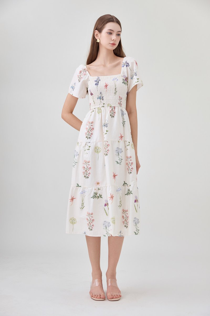 Chaya Botanical Garden Smocked Midi Dress In Light Cream