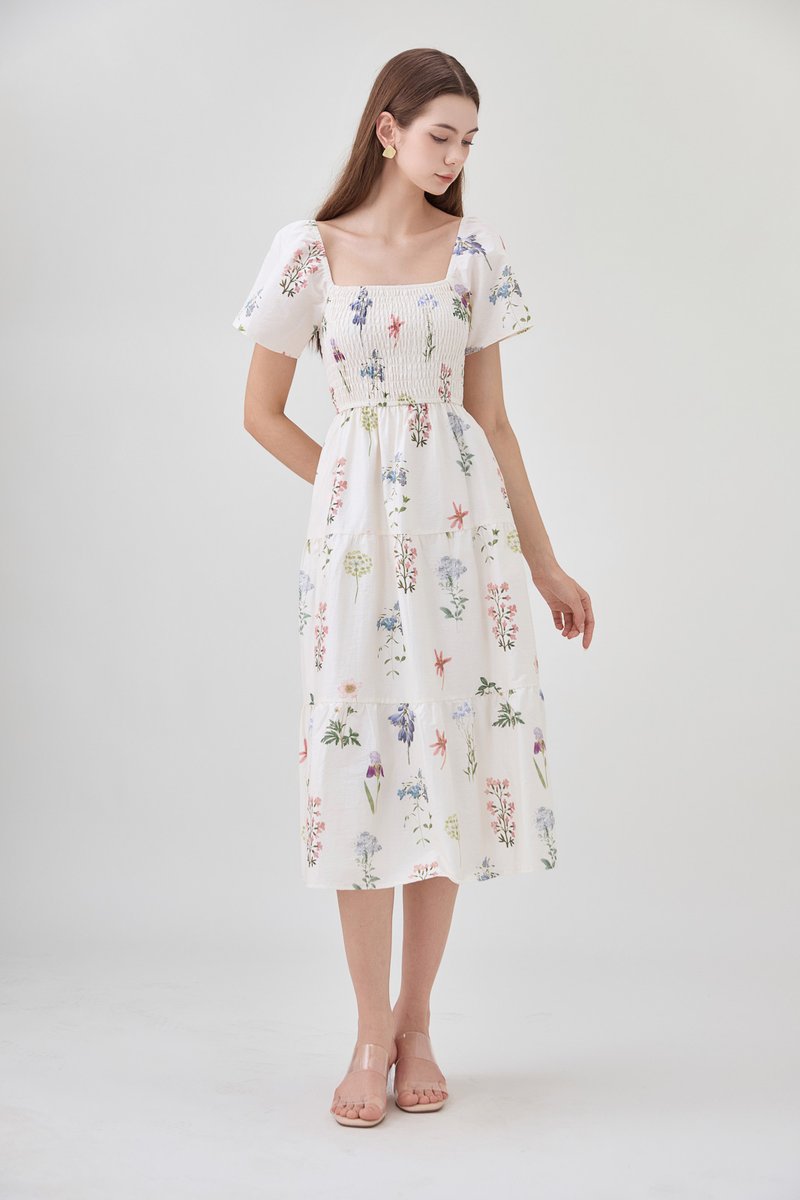 Chaya Botanical Garden Smocked Midi Dress In Light Cream