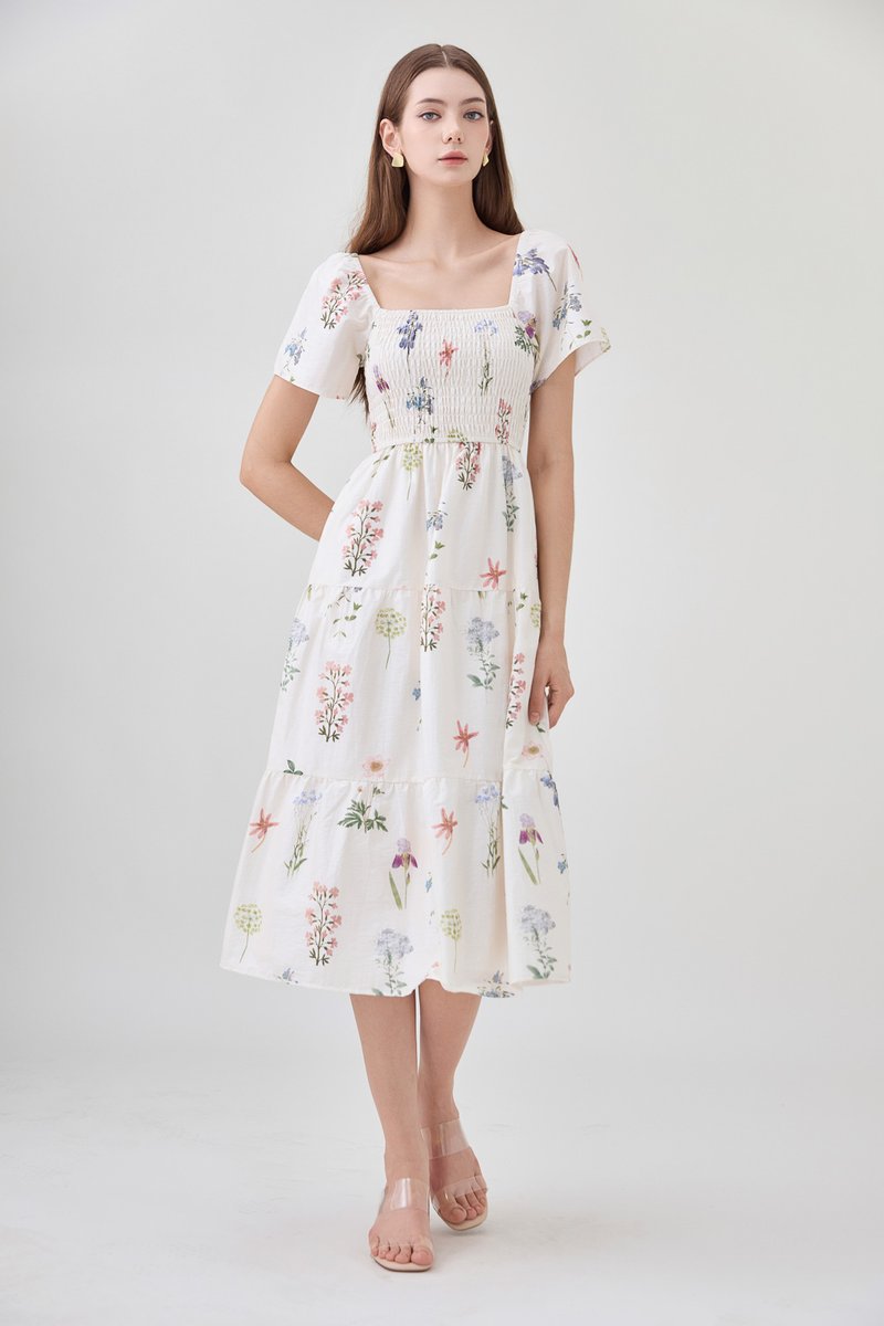 Chaya Botanical Garden Smocked Midi Dress In Light Cream