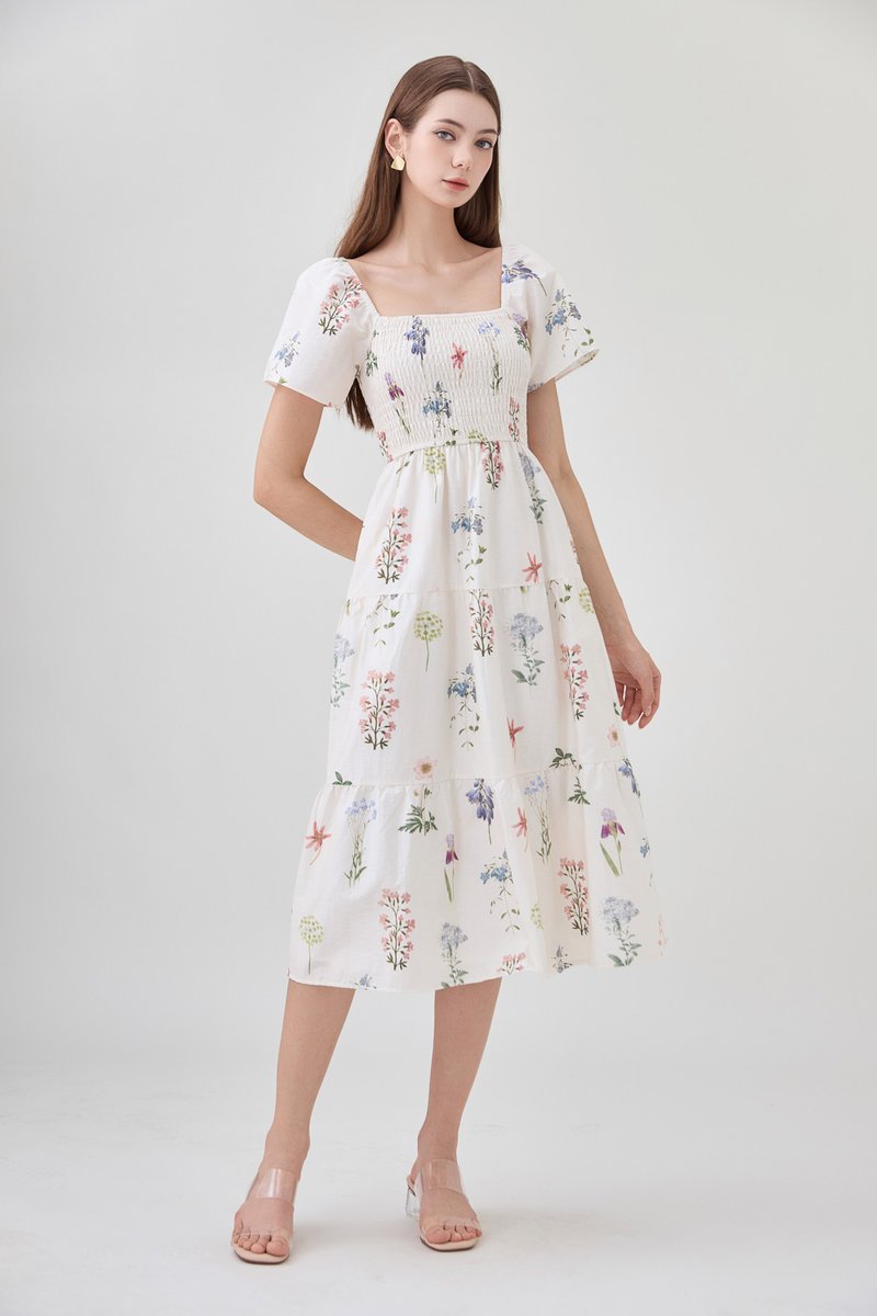 Chaya Botanical Garden Smocked Midi Dress In Light Cream