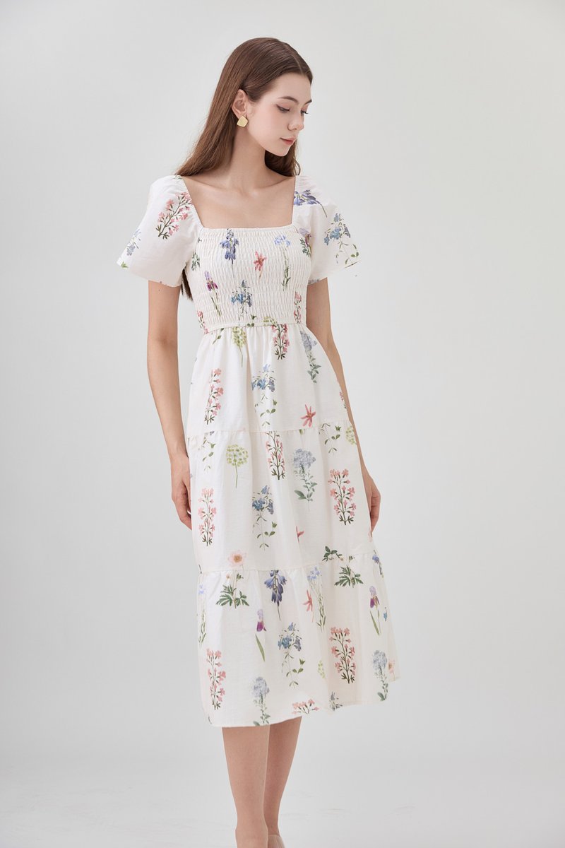Chaya Botanical Garden Smocked Midi Dress In Light Cream