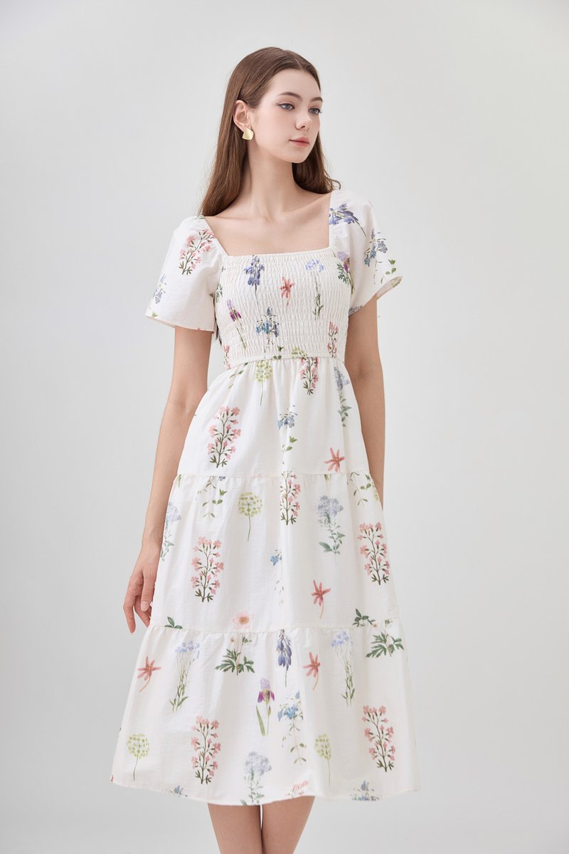 Chaya Botanical Garden Smocked Midi Dress In Light Cream