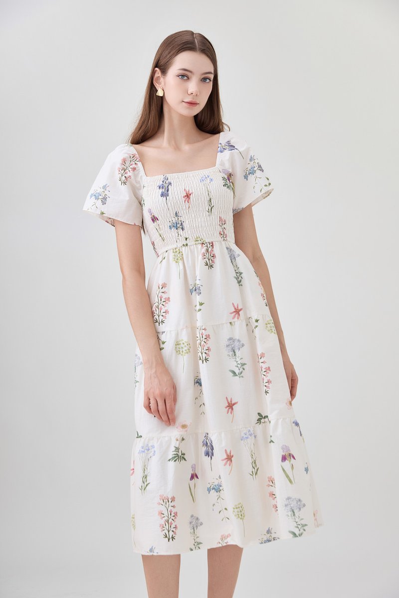 Chaya Botanical Garden Smocked Midi Dress In Light Cream