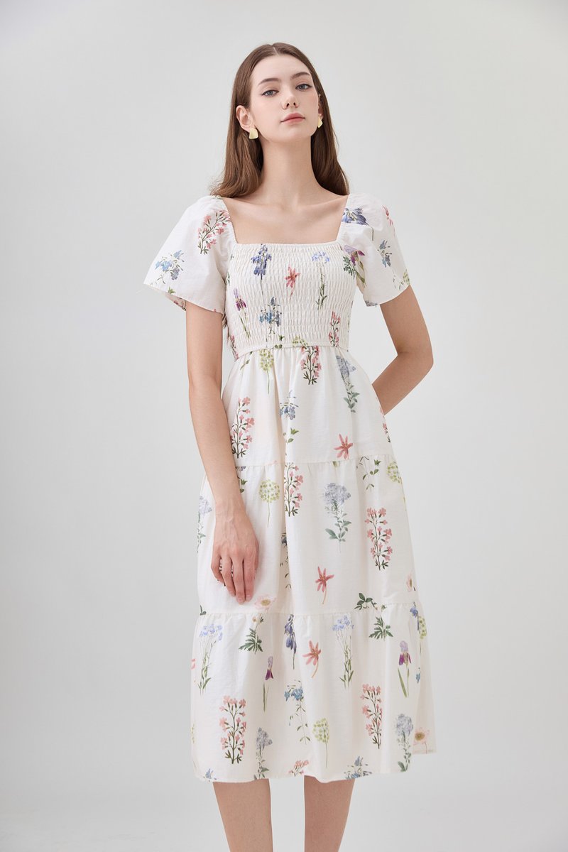 Chaya Botanical Garden Smocked Midi Dress In Light Cream
