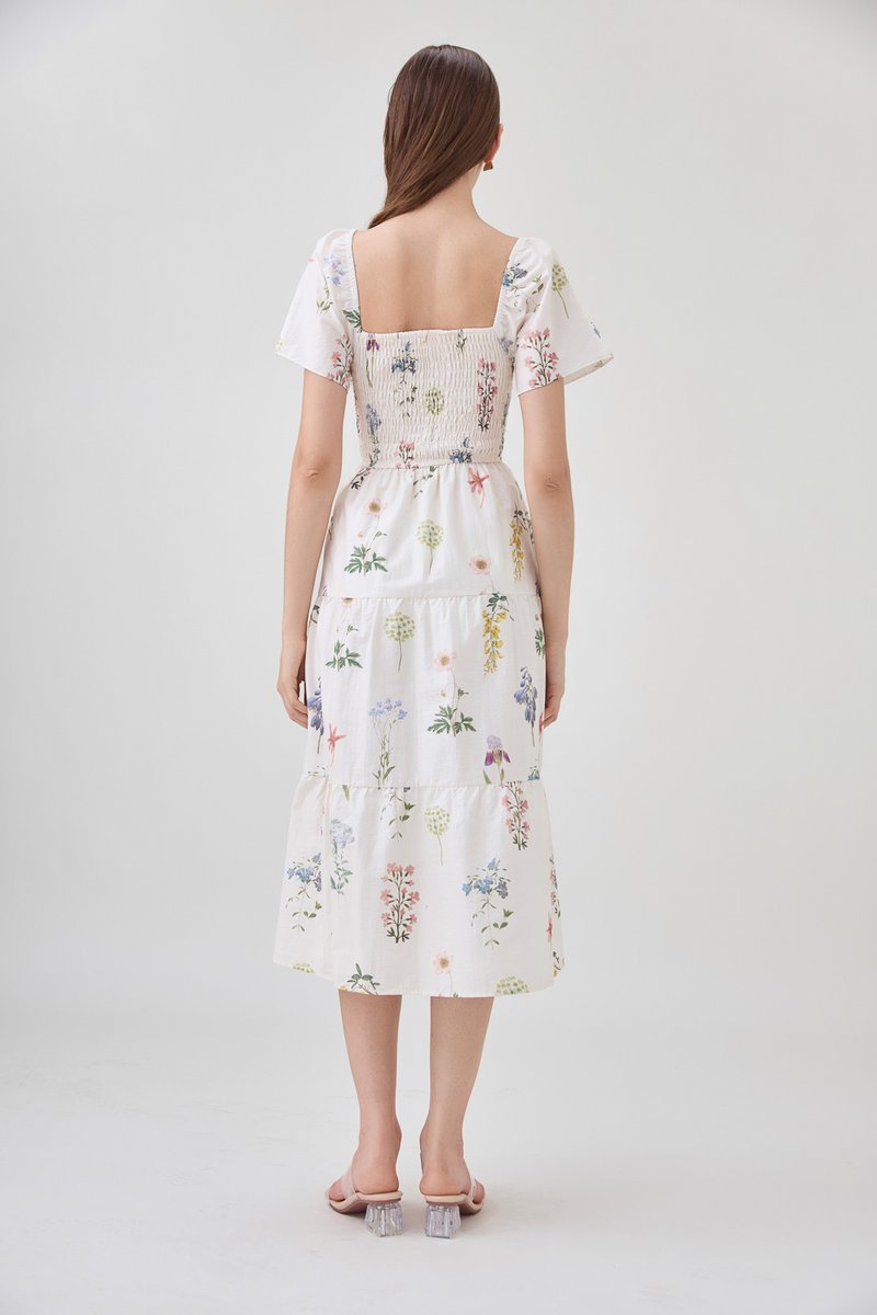 Chaya Botanical Garden Smocked Midi Dress In Light Cream