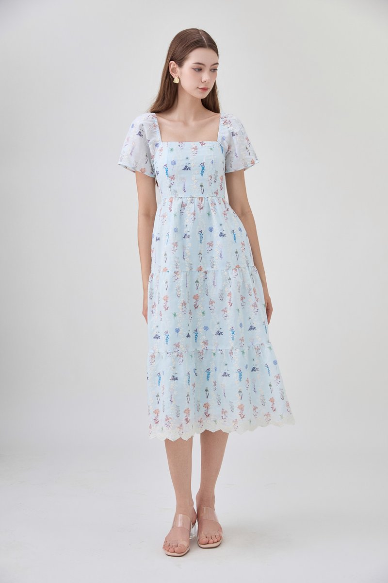 Elani Embroidery Floral Tiered Midi Dress