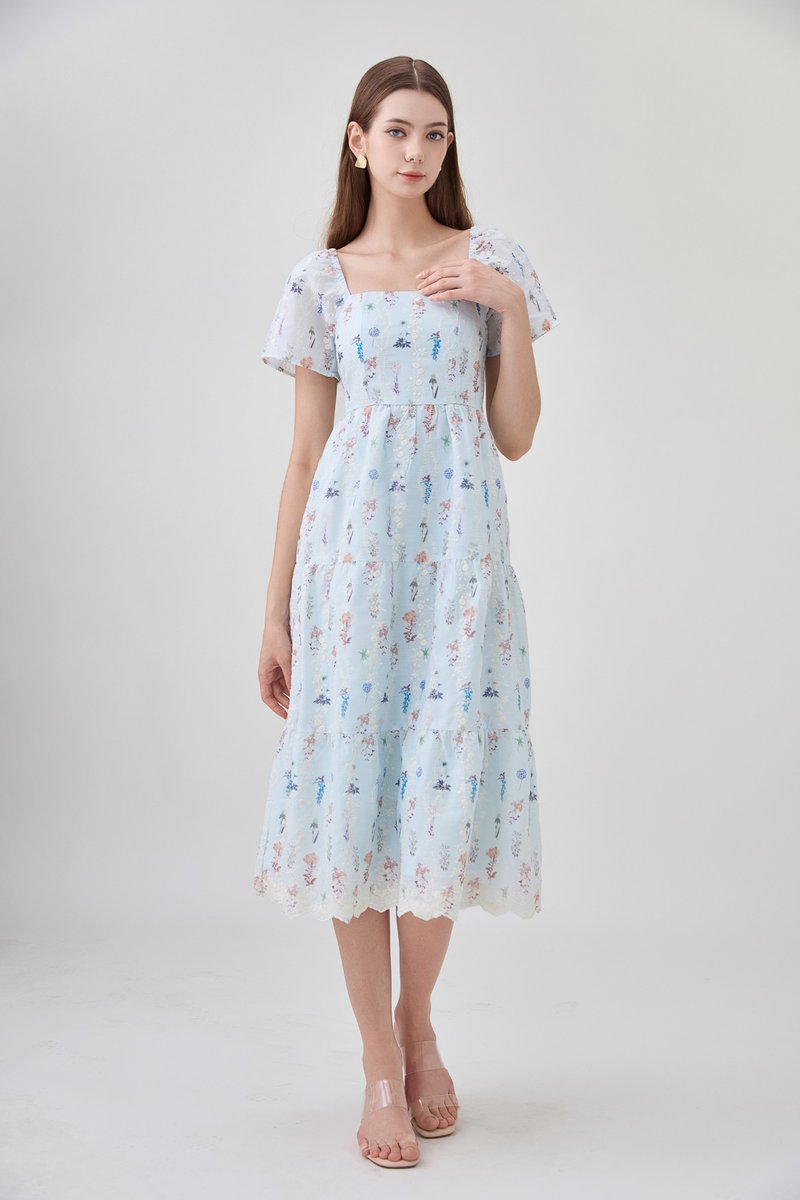 Elani Embroidery Floral Tiered Midi Dress