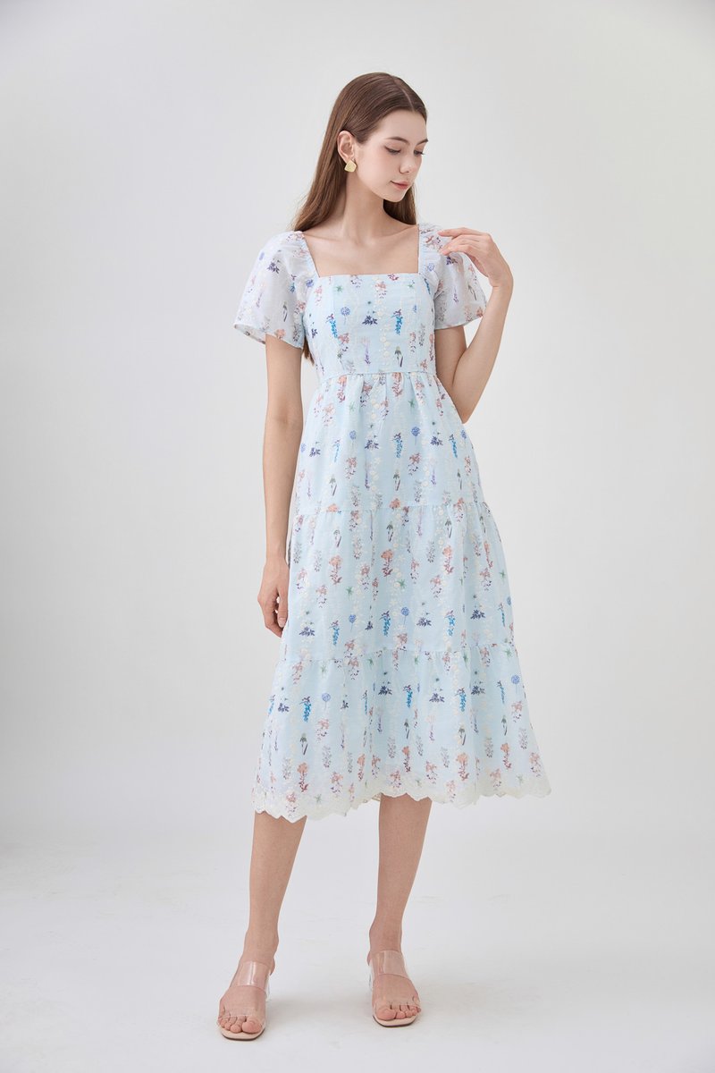 Elani Embroidery Floral Tiered Midi Dress
