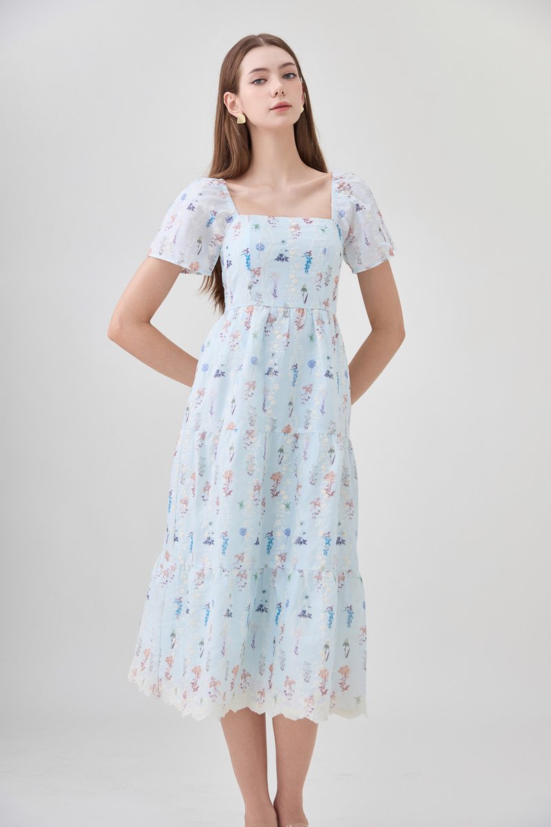 Elani Embroidery Floral Tiered Midi Dress