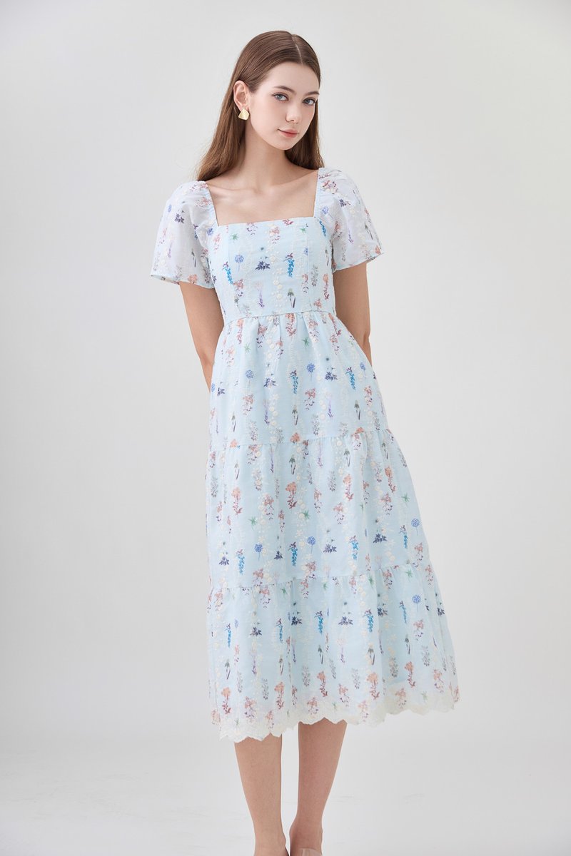 Elani Embroidery Floral Tiered Midi Dress
