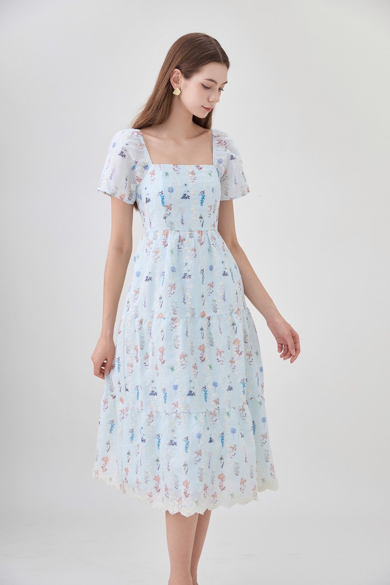 Elani Embroidery Floral Tiered Midi Dress
