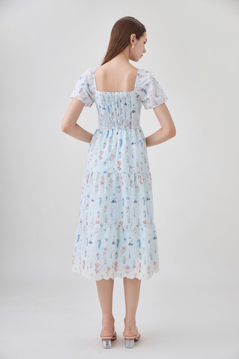 Elani Embroidery Floral Tiered Midi Dress
