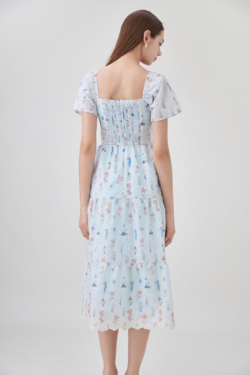 Elani Embroidery Floral Tiered Midi Dress