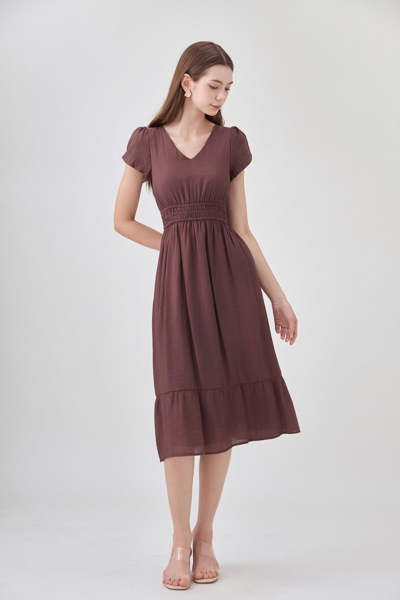 Rhea Textured Smocked Waist Midi Dress In Brown