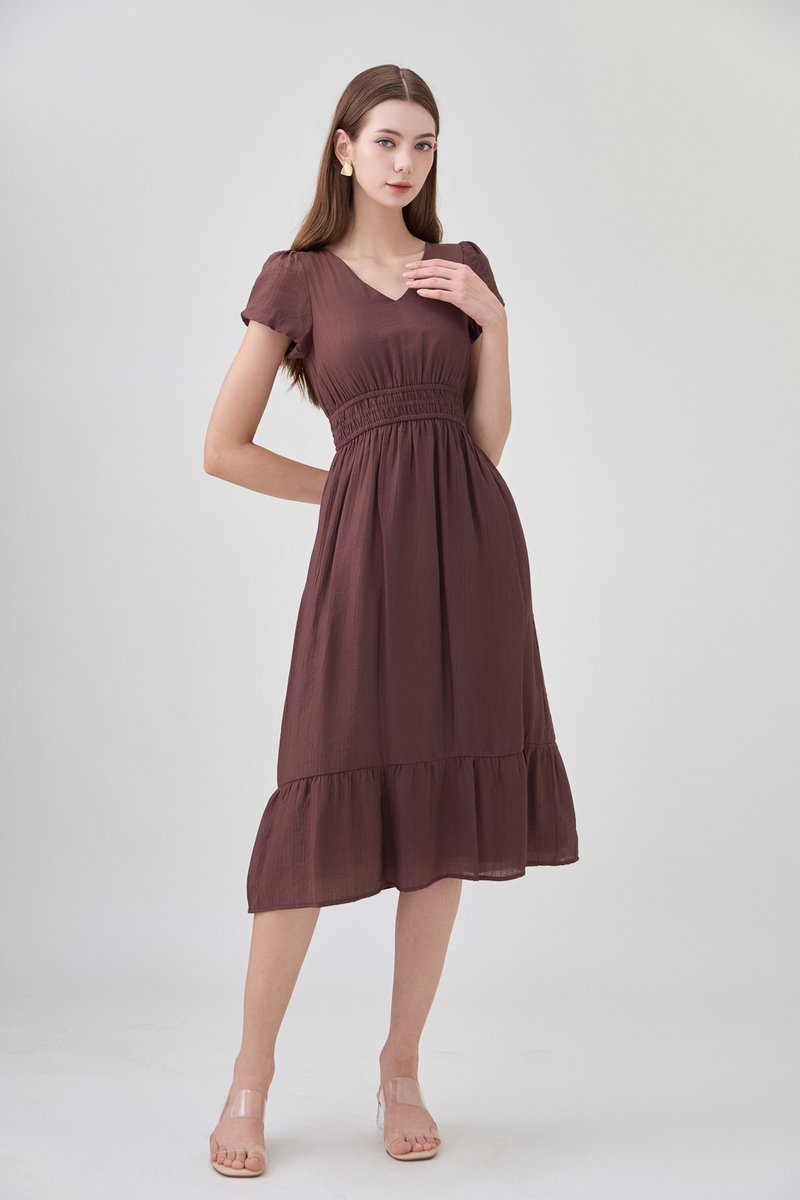Rhea Textured Smocked Waist Midi Dress In Brown