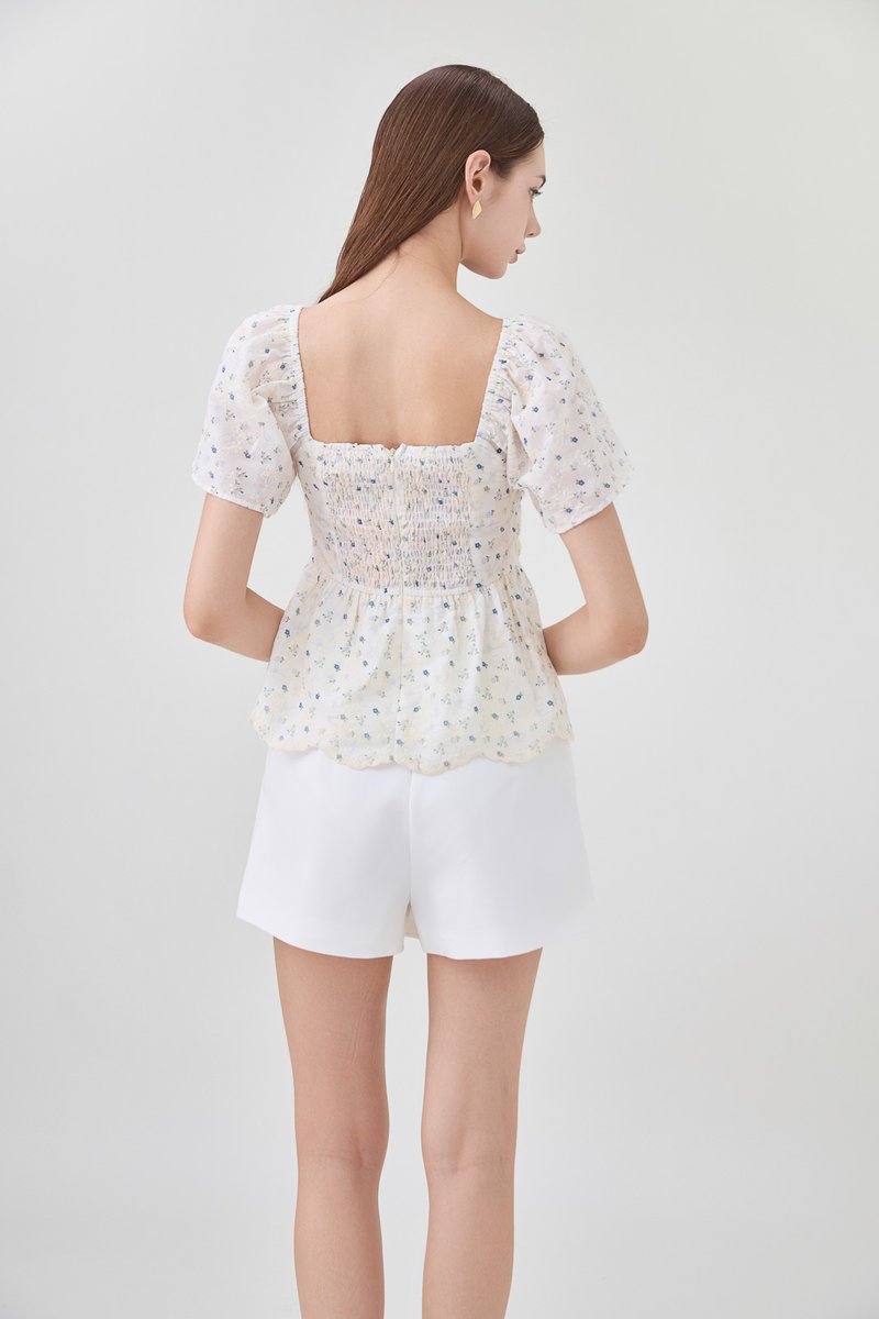 Adelyn Embroidery Sweetheart Ribbon Top In Blue Wildflower