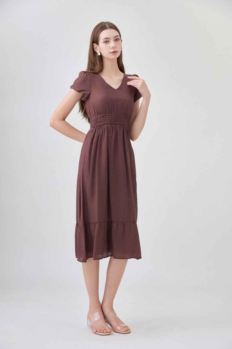 Rhea Textured Smocked Waist Midi Dress In Brown