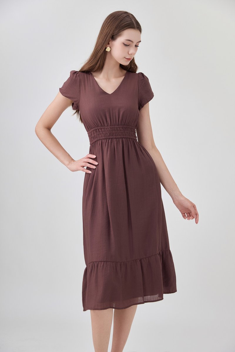 Rhea Textured Smocked Waist Midi Dress In Brown