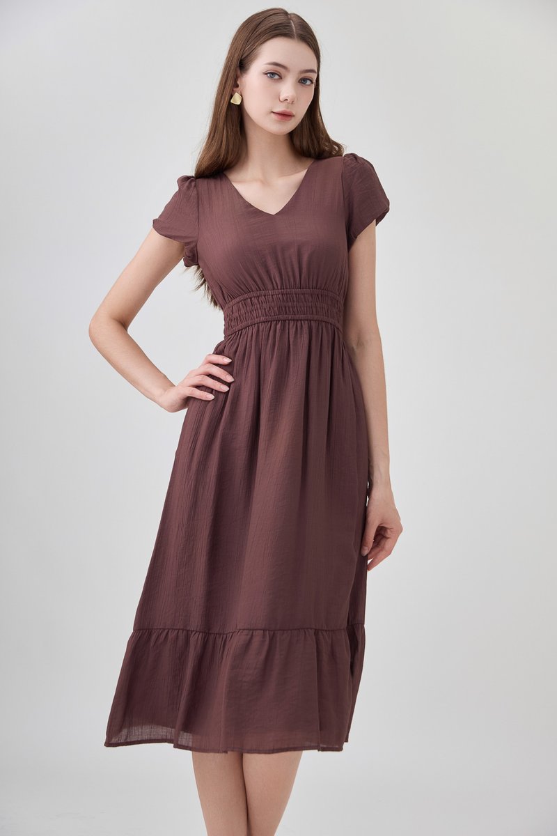 Rhea Textured Smocked Waist Midi Dress In Brown