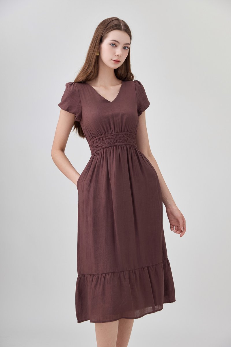 Rhea Textured Smocked Waist Midi Dress In Brown