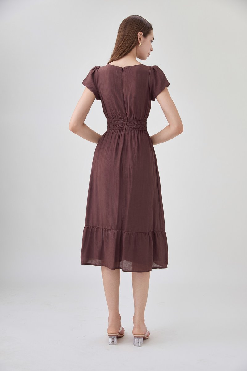 Rhea Textured Smocked Waist Midi Dress In Brown