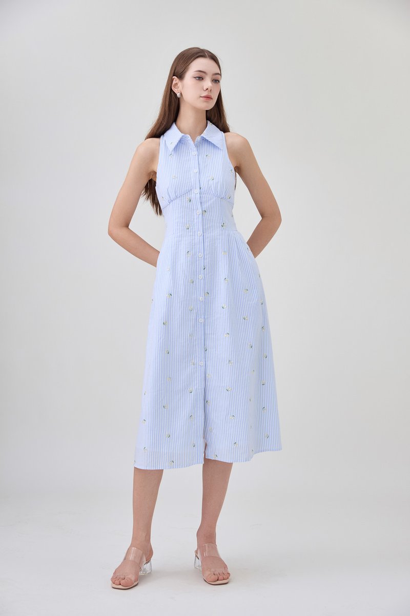 Sarai Embroidered Striped Shirt Midi Dress