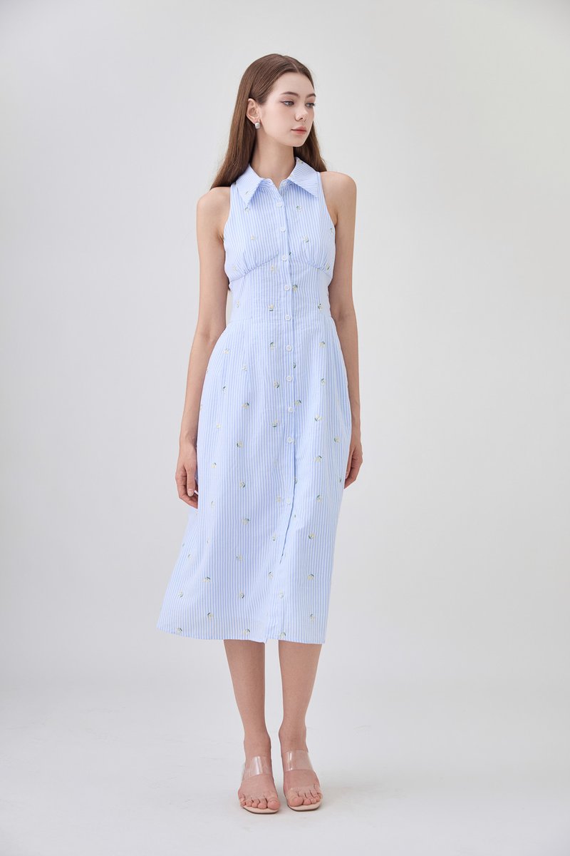 Sarai Embroidered Striped Shirt Midi Dress
