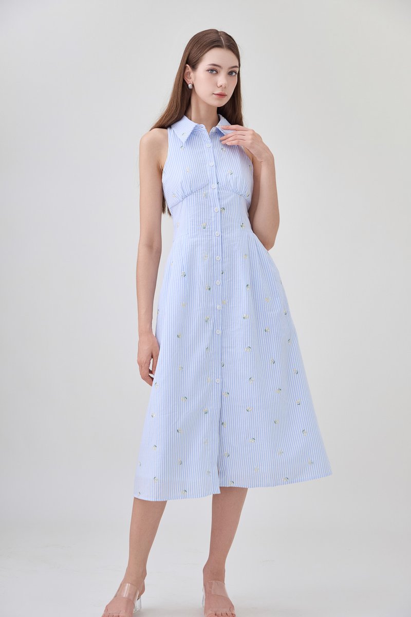 Sarai Embroidered Striped Shirt Midi Dress