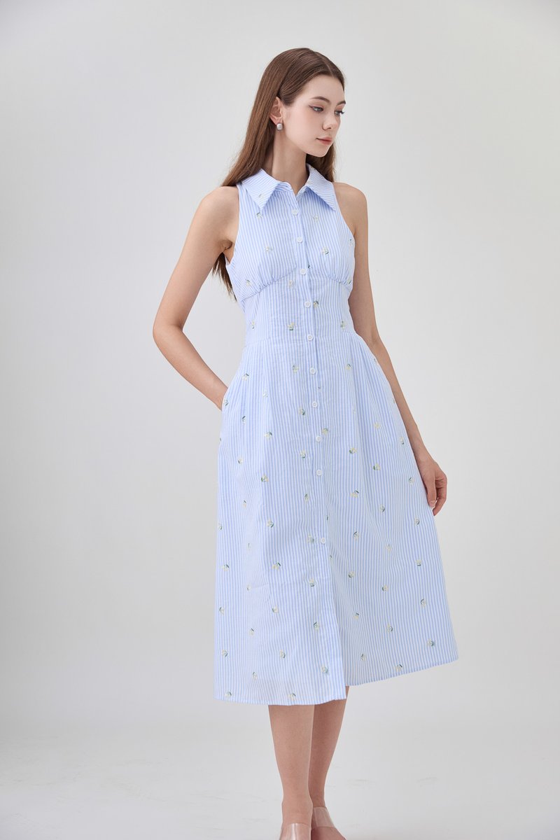 Sarai Embroidered Striped Shirt Midi Dress
