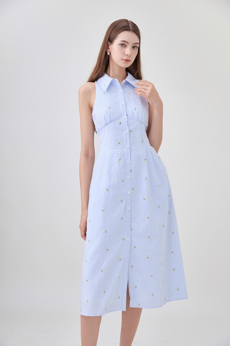 Sarai Embroidered Striped Shirt Midi Dress
