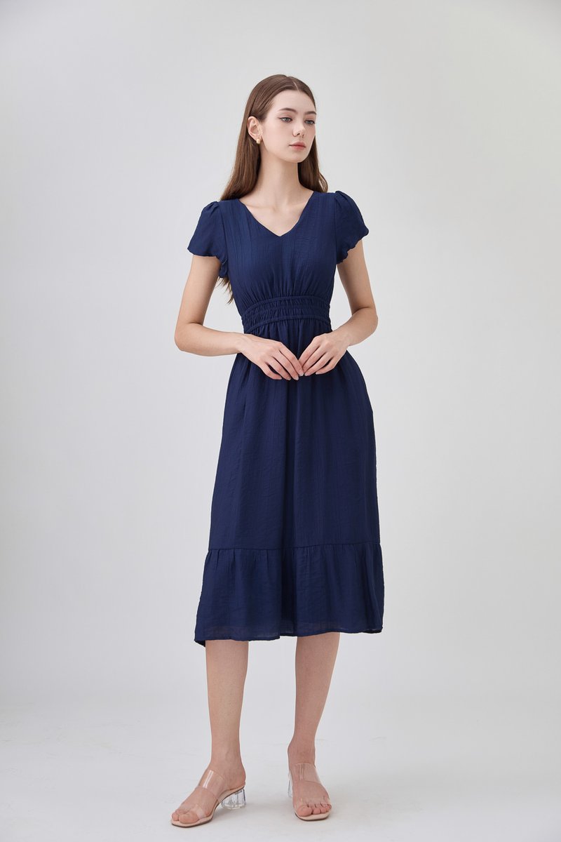 Rhea Textured Smocked Waist Midi Dress In Navy