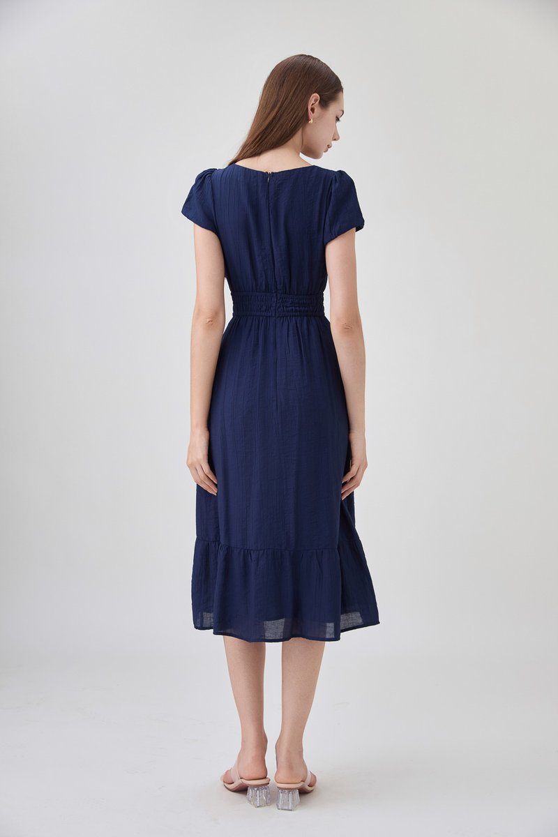 Rhea Textured Smocked Waist Midi Dress In Navy