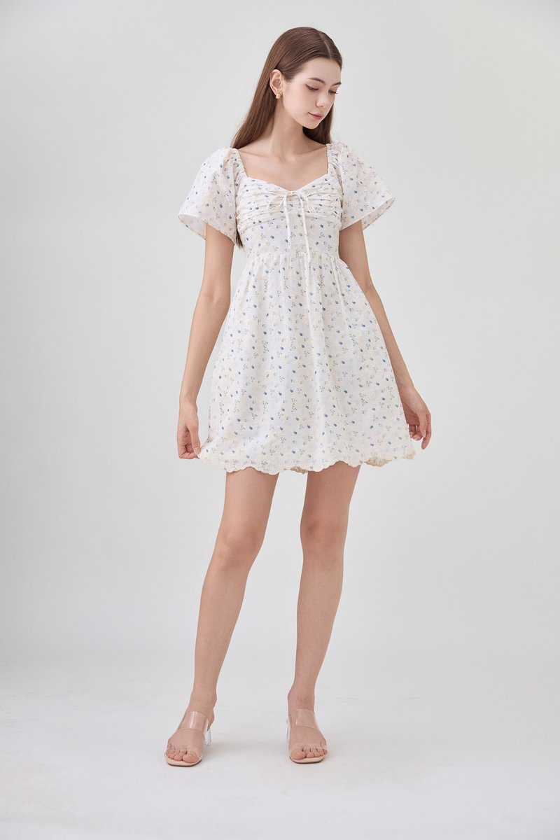 Adelyn Embroidery Sweetheart Ribbon Dress In Blue Wildflower