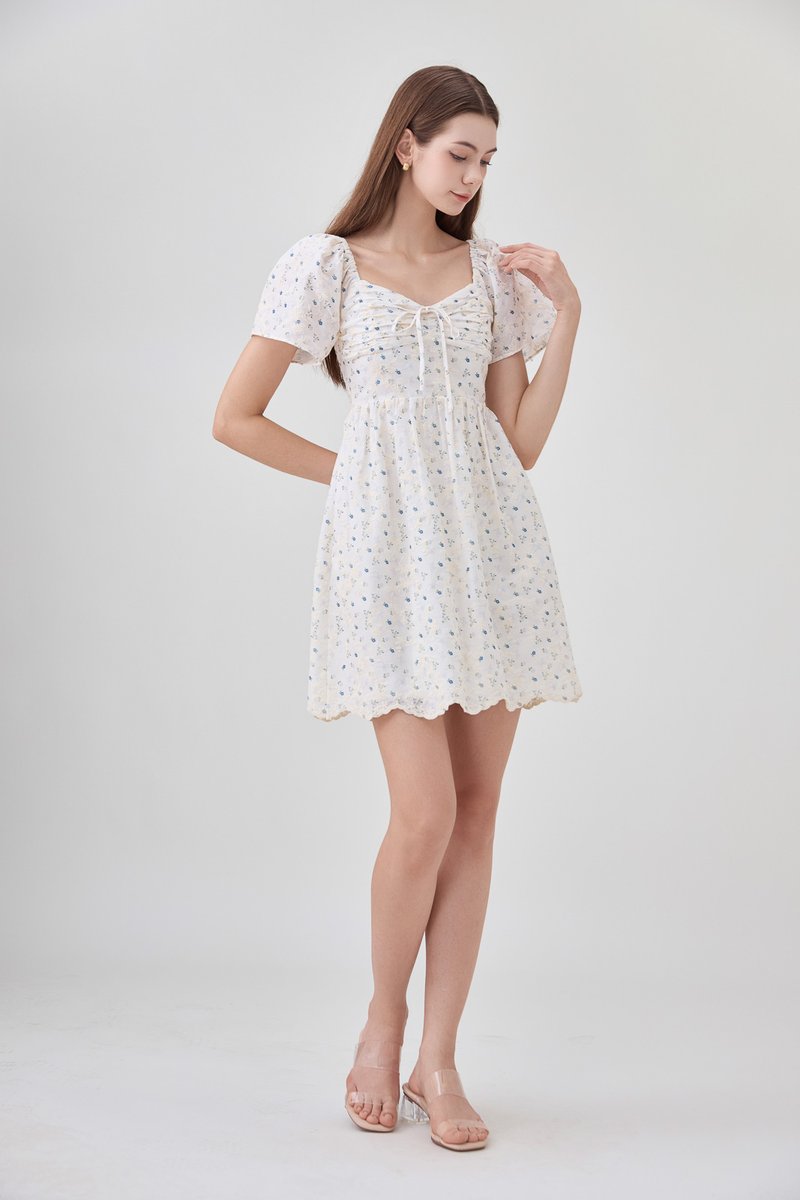 Adelyn Embroidery Sweetheart Ribbon Dress In Blue Wildflower