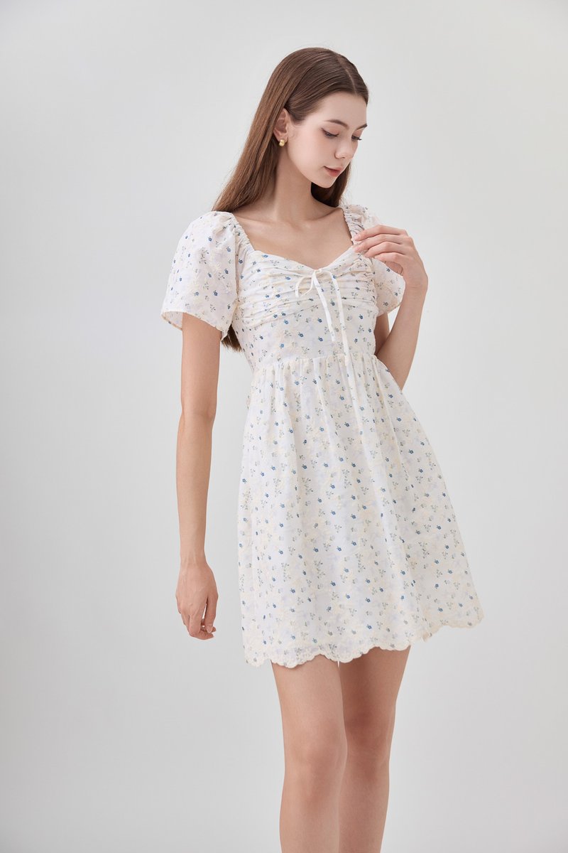 Adelyn Embroidery Sweetheart Ribbon Dress In Blue Wildflower