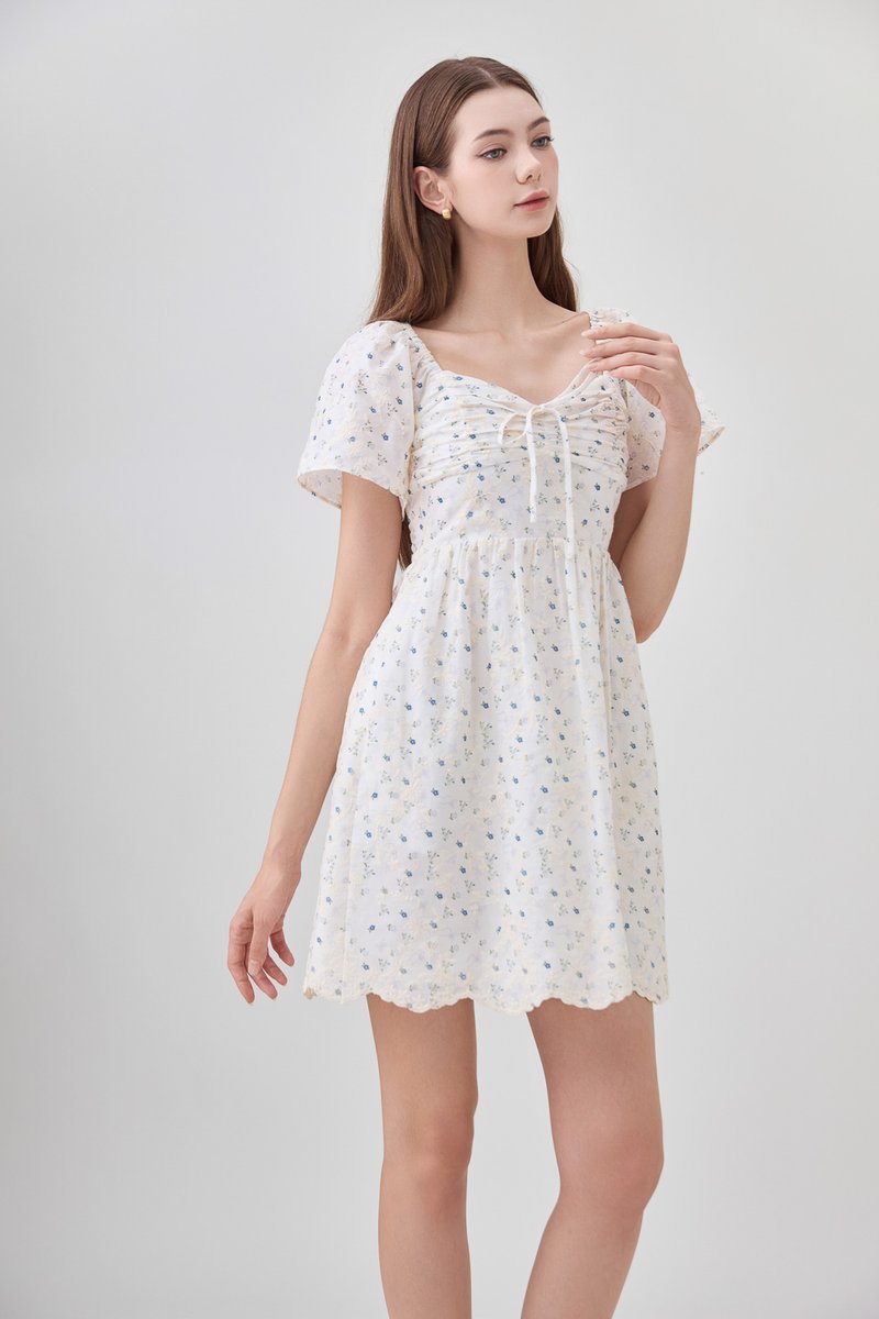 Adelyn Embroidery Sweetheart Ribbon Dress In Blue Wildflower