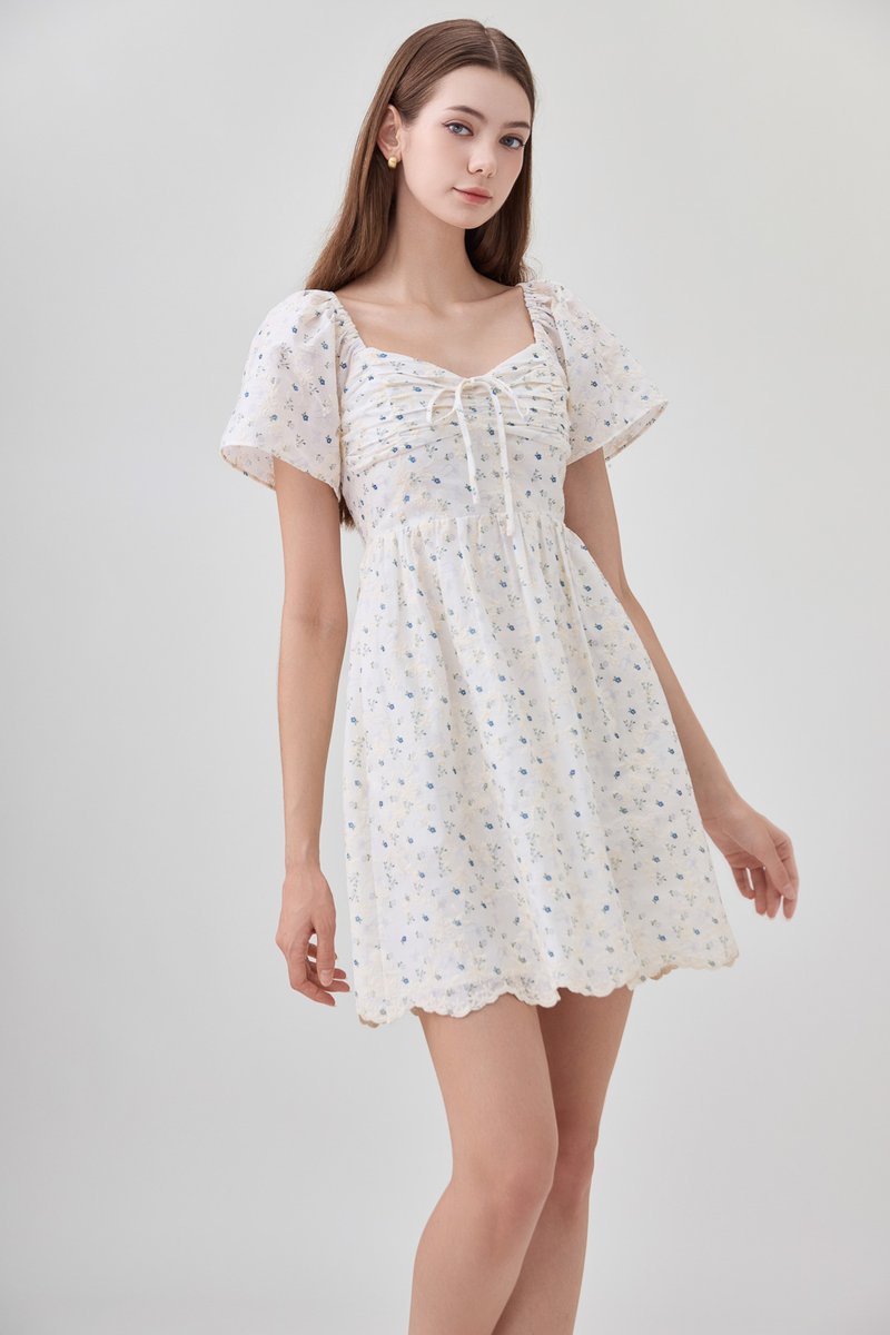 Adelyn Embroidery Sweetheart Ribbon Dress In Blue Wildflower