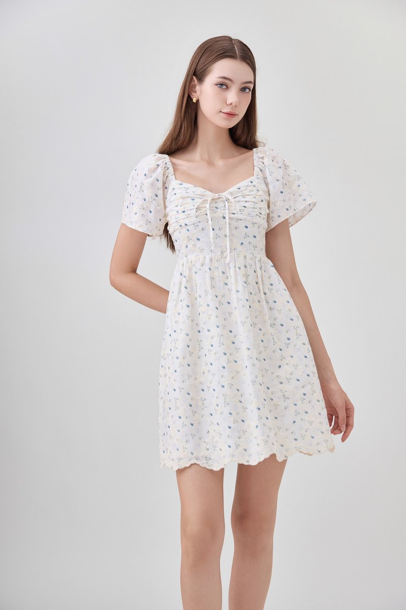 Adelyn Embroidery Sweetheart Ribbon Dress In Blue Wildflower