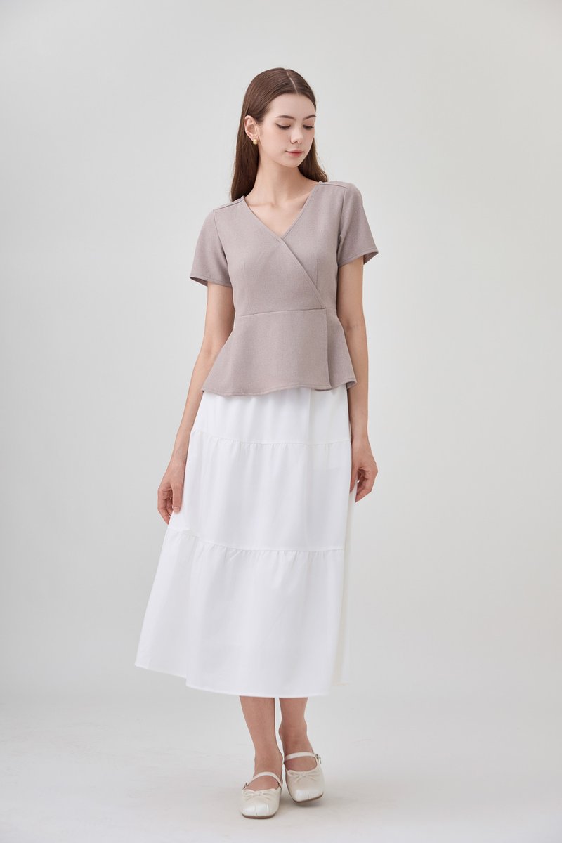 Fae Faux Wrap Peplum Top In Mushroom