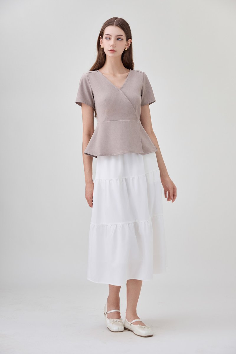 Fae Faux Wrap Peplum Top In Mushroom