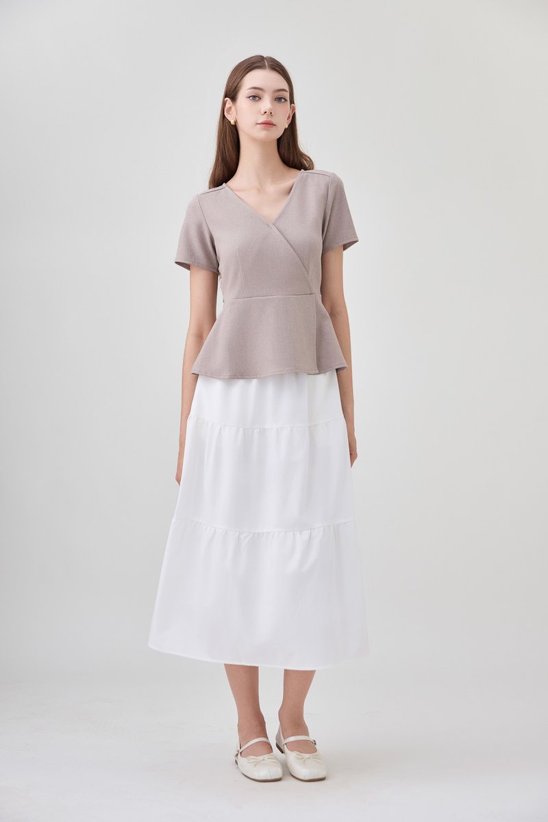 Fae Faux Wrap Peplum Top In Mushroom