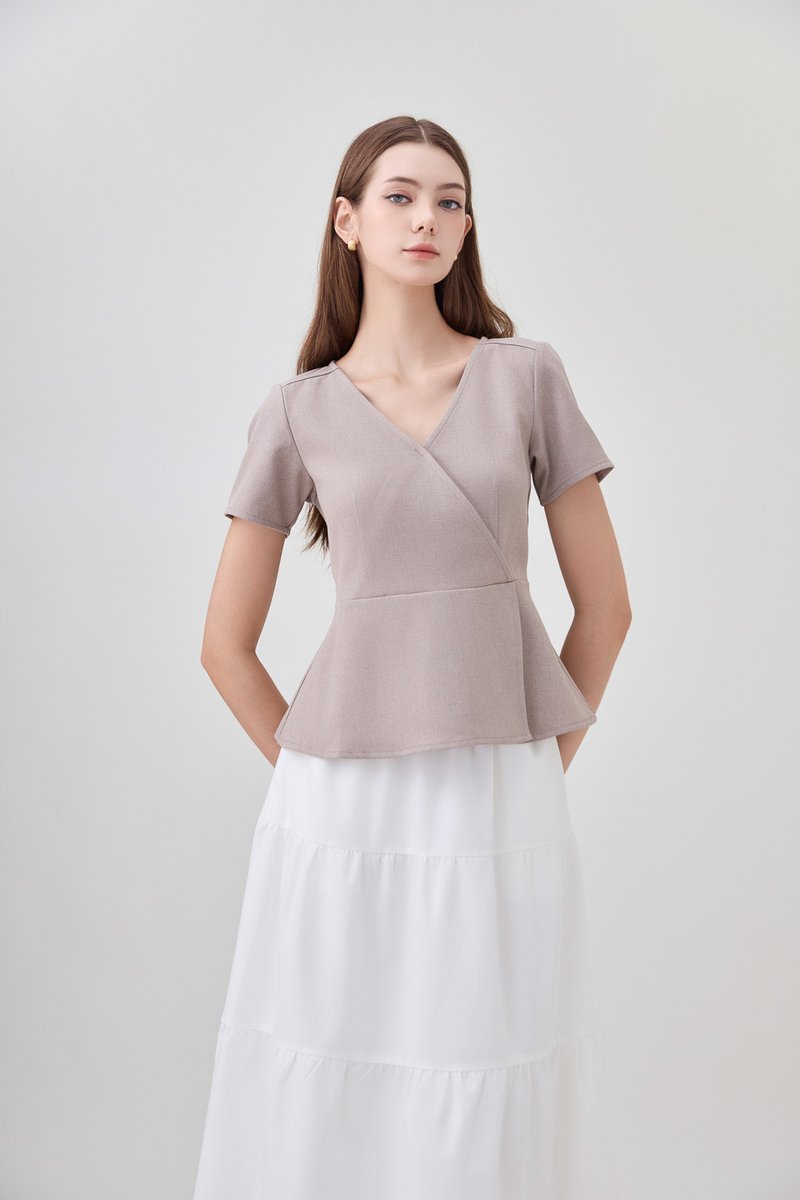 Fae Faux Wrap Peplum Top In Mushroom