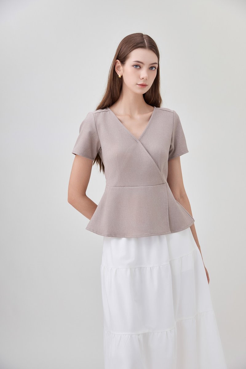 Fae Faux Wrap Peplum Top In Mushroom
